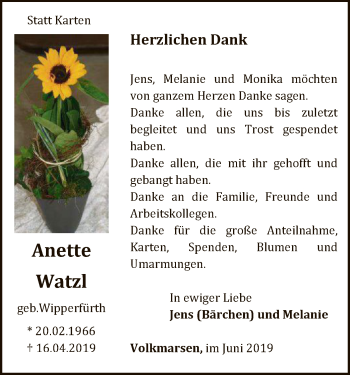 Traueranzeige von Anette Watzl von WLZ