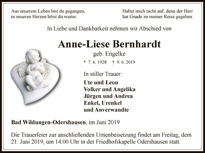  Traueranzeige für Anne-Liese Bernhardt vom 15.06.2019 aus WLZ