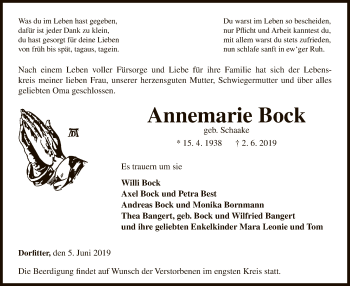 Traueranzeige von Annemarie Bock von WLZ