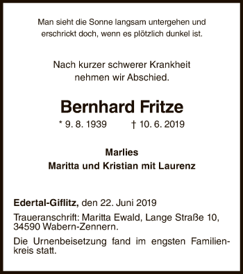 Traueranzeige von Bernhard Fritze von WLZ