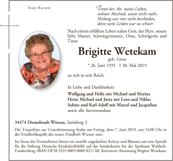 Traueranzeige von Brigitte Wetekam von WLZ