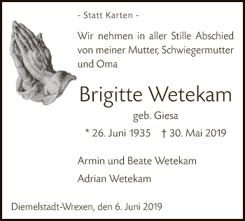 Traueranzeige von Brigitte Wetekam von WLZ