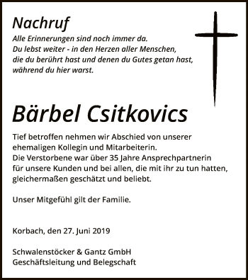 Traueranzeige von Bärbel Csitkovics von WLZ