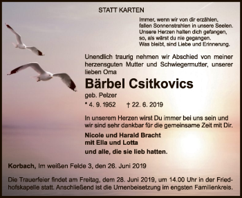Traueranzeige von Bärbel Csitkovics von WLZ