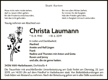 Traueranzeige von Christa Laumann von WLZ