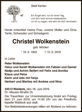Traueranzeige von Christel Wolkenstein von WLZ