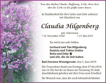 Traueranzeige von Claudia Hilgenberg von WLZ