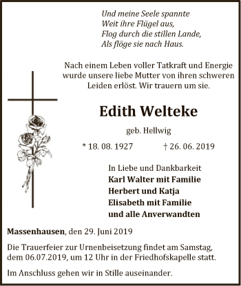 Traueranzeige von Edith Welteke von WLZ