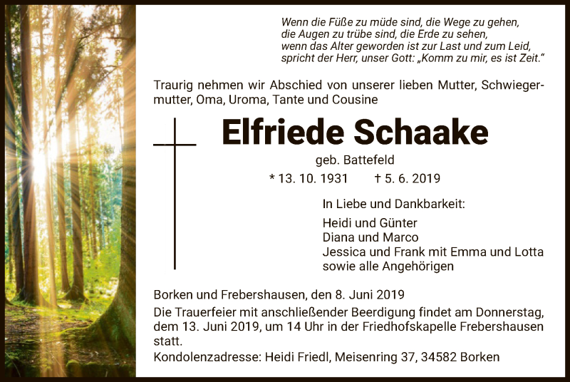  Traueranzeige für Elfriede Schaake vom 08.06.2019 aus WLZ