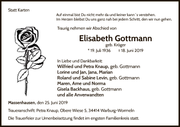 Traueranzeige von Elisabeth Gottmann von WLZ