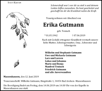 Traueranzeige von Erika Gutmann von WLZ