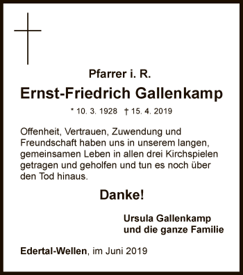 Traueranzeige von Ernst-Friedrich Gallenkamp von WLZ