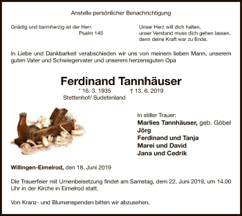 Traueranzeige von Ferdinand Tannhäuser von WLZ
