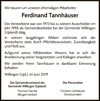 Traueranzeige von Ferdinand Tannhäuser von WLZ