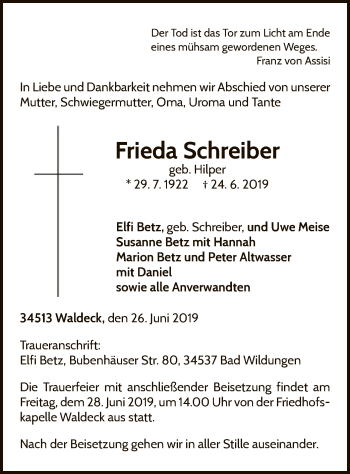 Traueranzeige von Frieda Schreiber von WLZ