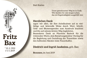 Traueranzeige von Fritz Bax von WLZ