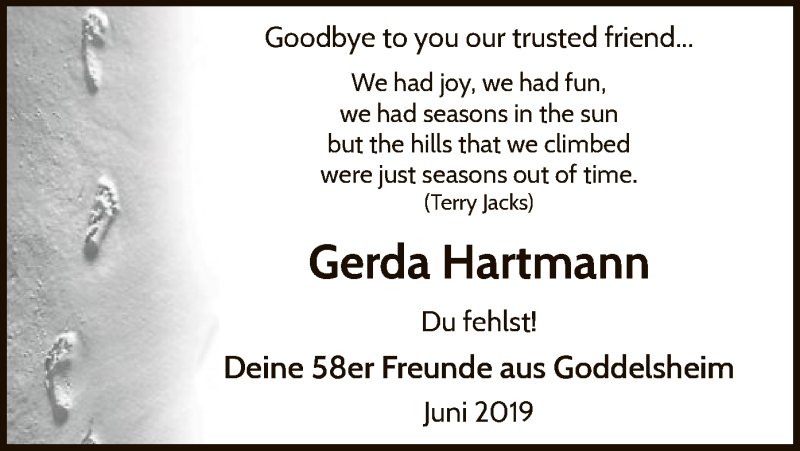  Traueranzeige für Gerda Hartmann vom 27.06.2019 aus WLZ