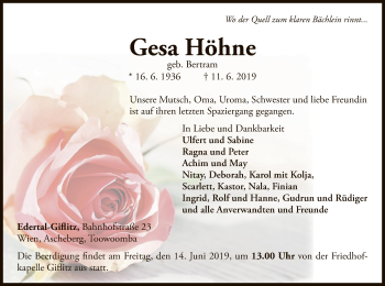 Traueranzeige von Gesa Höhne von WLZ