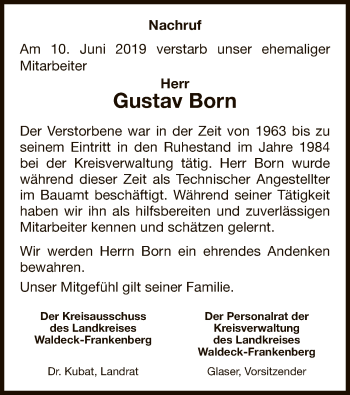 Traueranzeige von Gustav Born von WLZ