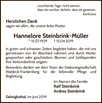 Traueranzeige von Hannelore Steinbrink-Müller von WLZ