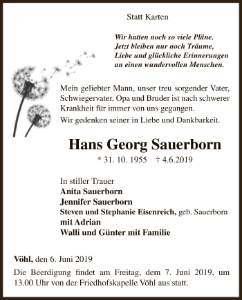 Traueranzeige von Hans Georg Sauerborn von WLZ
