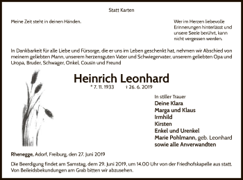 Traueranzeige von Heinrich Leonhard von WLZ