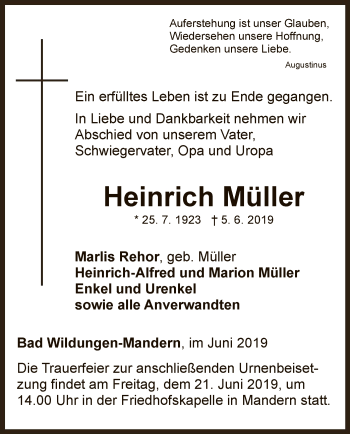 Traueranzeige von Heinrich Müller von WLZ
