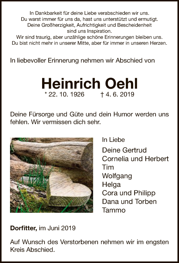  Traueranzeige für Heinrich Oehl vom 08.06.2019 aus WLZ