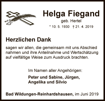 Traueranzeige von Helga Fiegand von WLZ