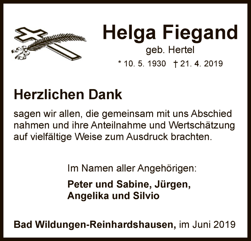  Traueranzeige für Helga Fiegand vom 01.06.2019 aus WLZ