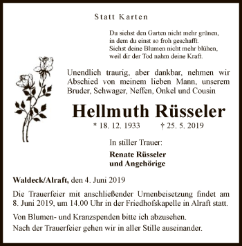 Traueranzeige von Hellmuth Rüsseler von WLZ