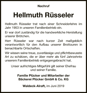 Traueranzeige von Hellmuth Rüsseler von WLZ