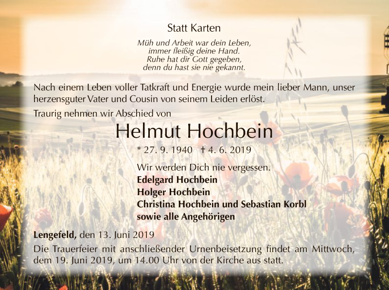  Traueranzeige für Helmut Hochbein vom 13.06.2019 aus WLZ