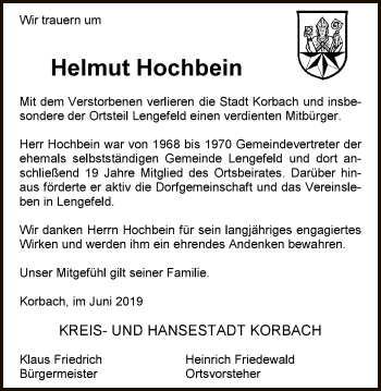 Traueranzeige von Helmut Hochbein von WLZ