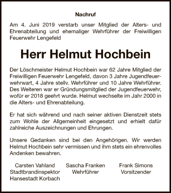 Traueranzeige von Helmut Hochbein von WLZ