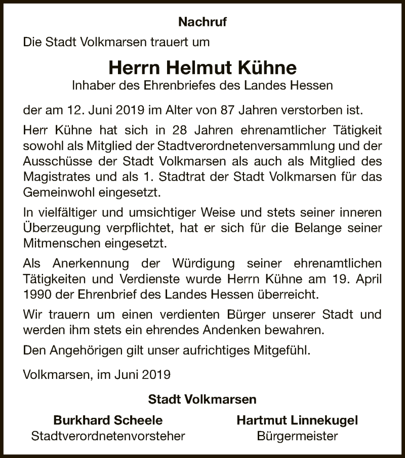  Traueranzeige für Helmut Kühne vom 20.06.2019 aus WLZ
