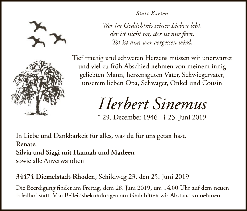  Traueranzeige für Herbert Sinemus vom 25.06.2019 aus WLZ