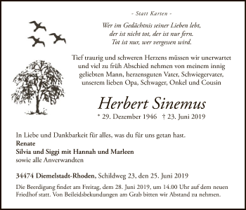 Traueranzeige von Herbert Sinemus von WLZ