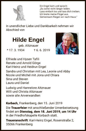 Traueranzeige von Hilde Engel von WLZ