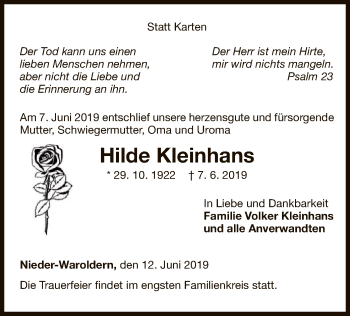 Traueranzeige von Hilde Kleinhans von WLZ