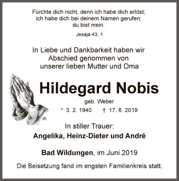 Traueranzeige von Hildegard Nobis von WLZ