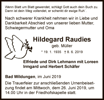 Traueranzeige von Hildegard Raudies von WLZ