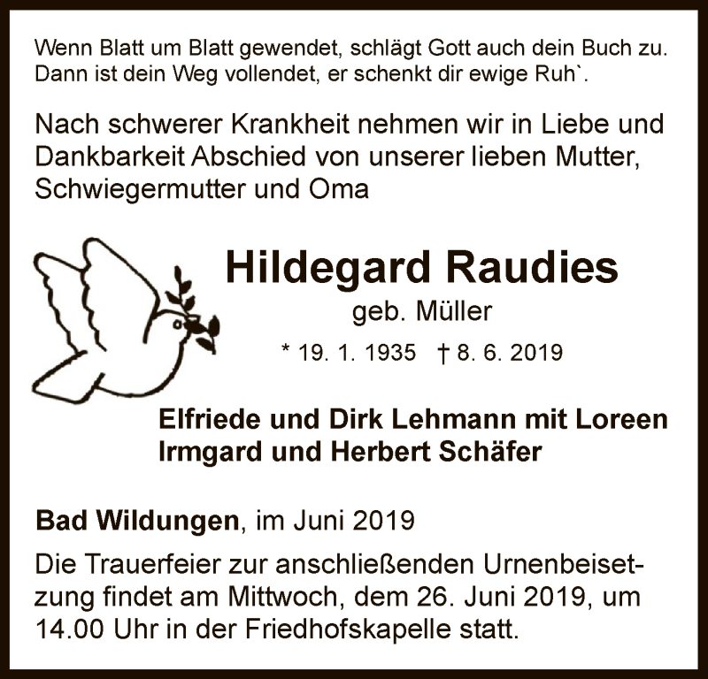  Traueranzeige für Hildegard Raudies vom 22.06.2019 aus WLZ
