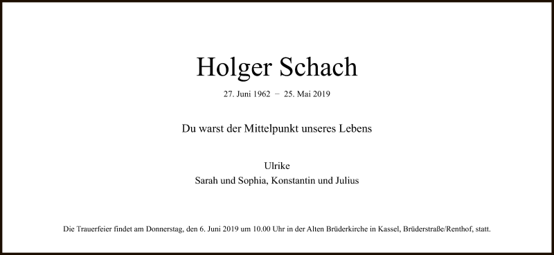  Traueranzeige für Holger Schach vom 01.06.2019 aus WLZ