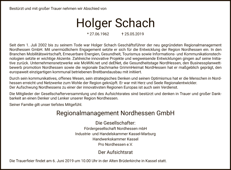  Traueranzeige für Holger Schach vom 01.06.2019 aus WLZ