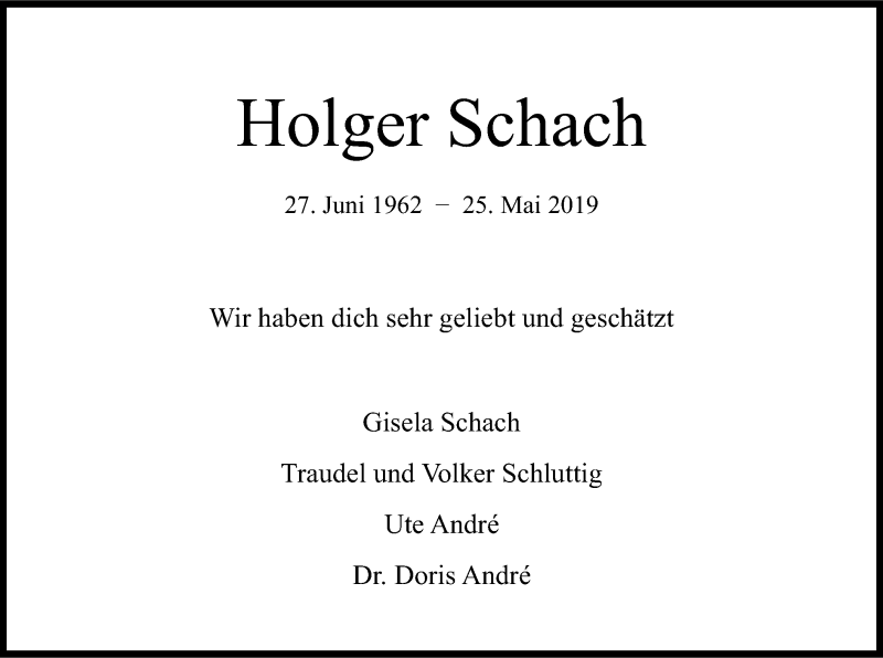  Traueranzeige für Holger Schach vom 01.06.2019 aus WLZ