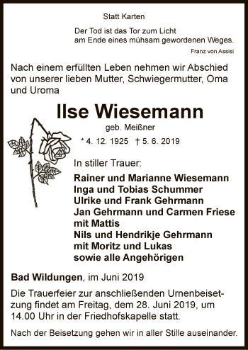 Traueranzeige von Ilse Wiesemann von WLZ
