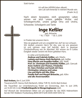 Traueranzeige von Inge Keßler von WLZ