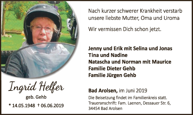  Traueranzeige für Ingrid Helfer vom 08.06.2019 aus WLZ