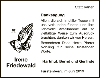 Traueranzeige von Irene Friedewald von WLZ